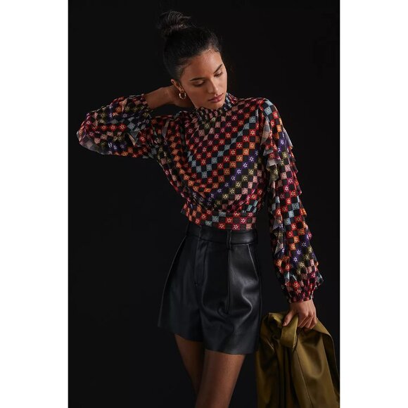 Farm Rio For Anthropologie XS Colorful Checkered Ruffle Sleeve Crop Top Blouse - Picture 1 of 16